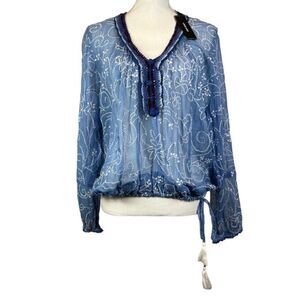 NWT Love Sam Blue Sail Embroidered and Crocheted Boho Top with Tassels Size Med